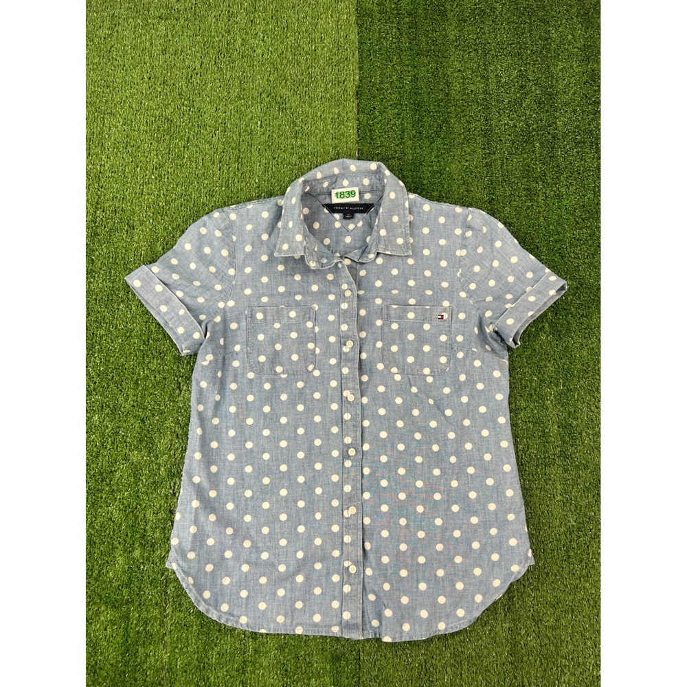 Tommy Hilfiger Womens Light Blue Polka Dot Short Sleeve Button Up Shirt Size S